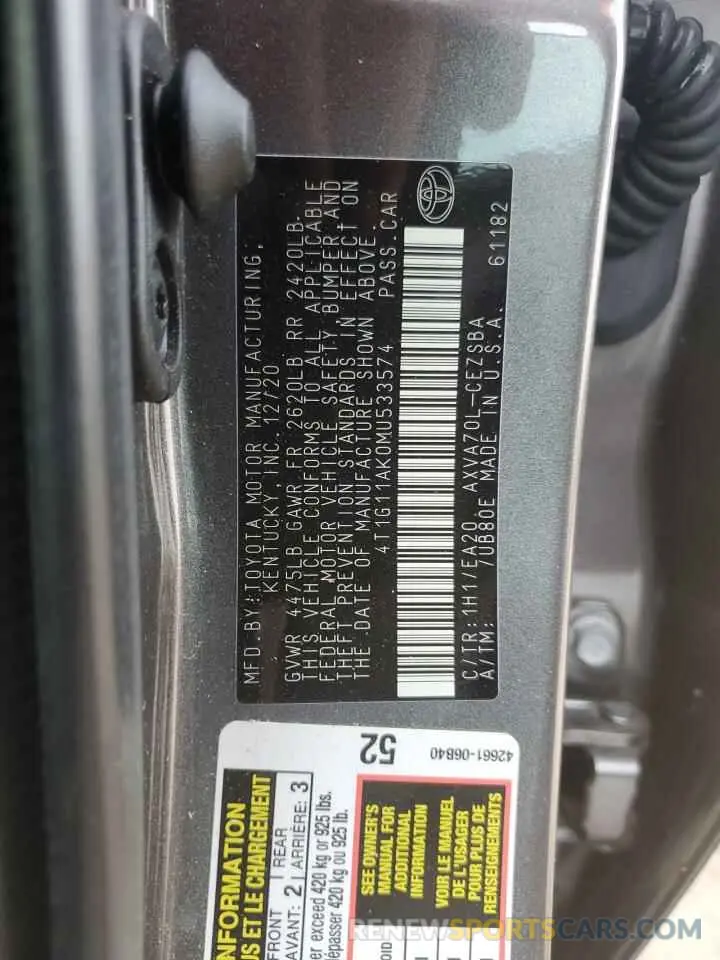 10 Фотография поврежденного автомобиля 4T1G11AK0MU533574 TOYOTA CAMRY 2021