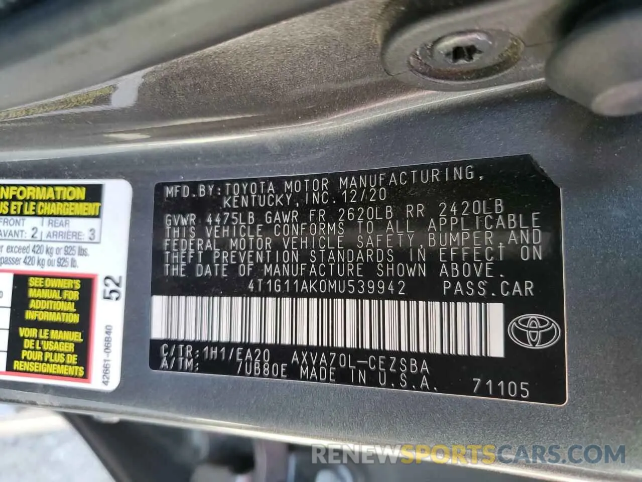 12 Photograph of a damaged car 4T1G11AK0MU539942 TOYOTA CAMRY 2021
