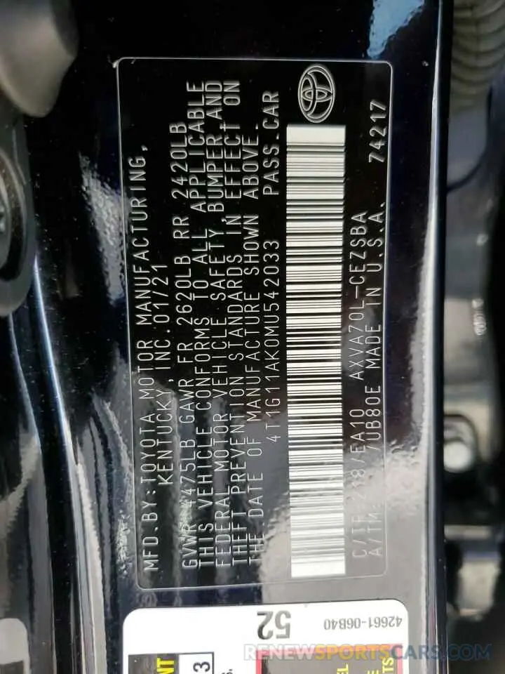 12 Фотография поврежденного автомобиля 4T1G11AK0MU542033 TOYOTA CAMRY 2021