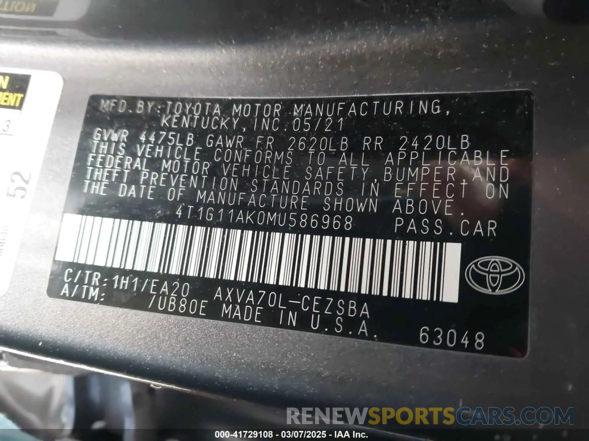 9 Фотография поврежденного автомобиля 4T1G11AK0MU586968 TOYOTA CAMRY 2021