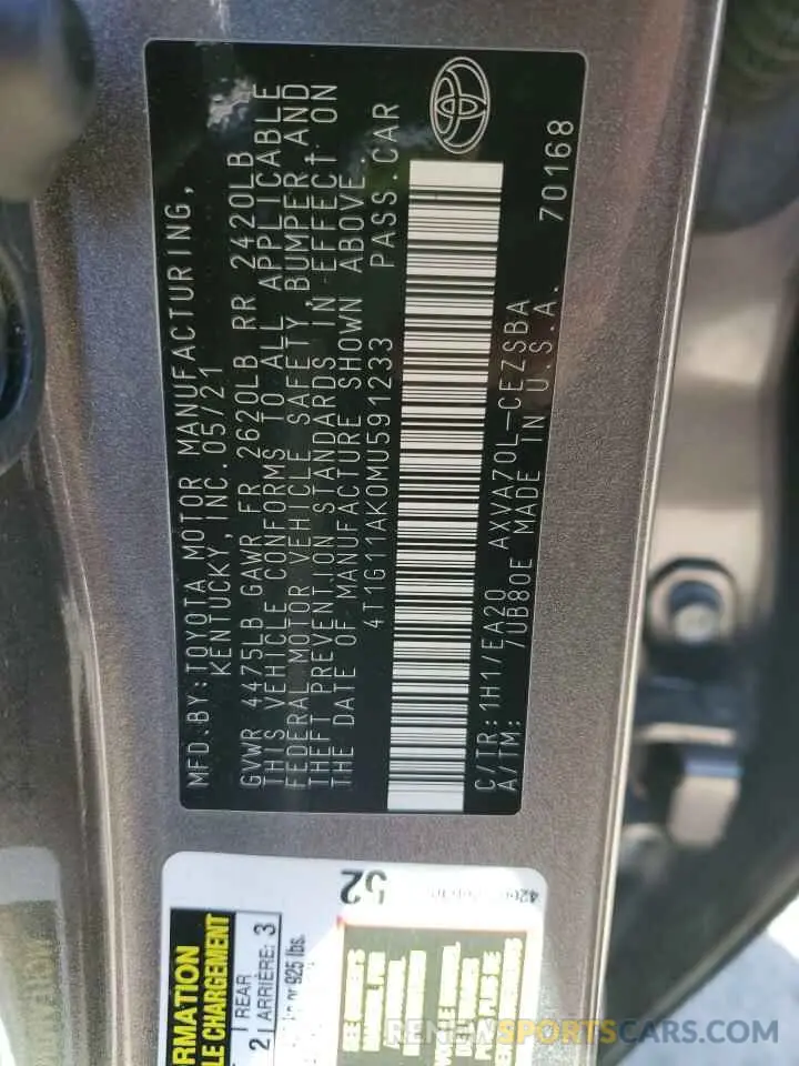 12 Photograph of a damaged car 4T1G11AK0MU591233 TOYOTA CAMRY 2021