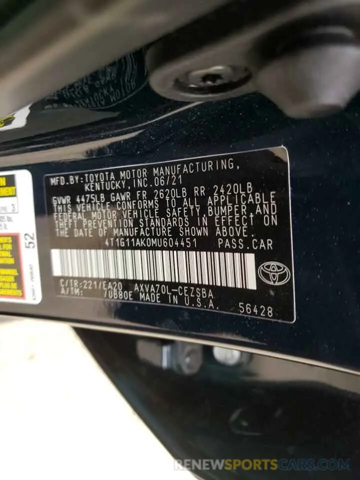 10 Photograph of a damaged car 4T1G11AK0MU604451 TOYOTA CAMRY 2021