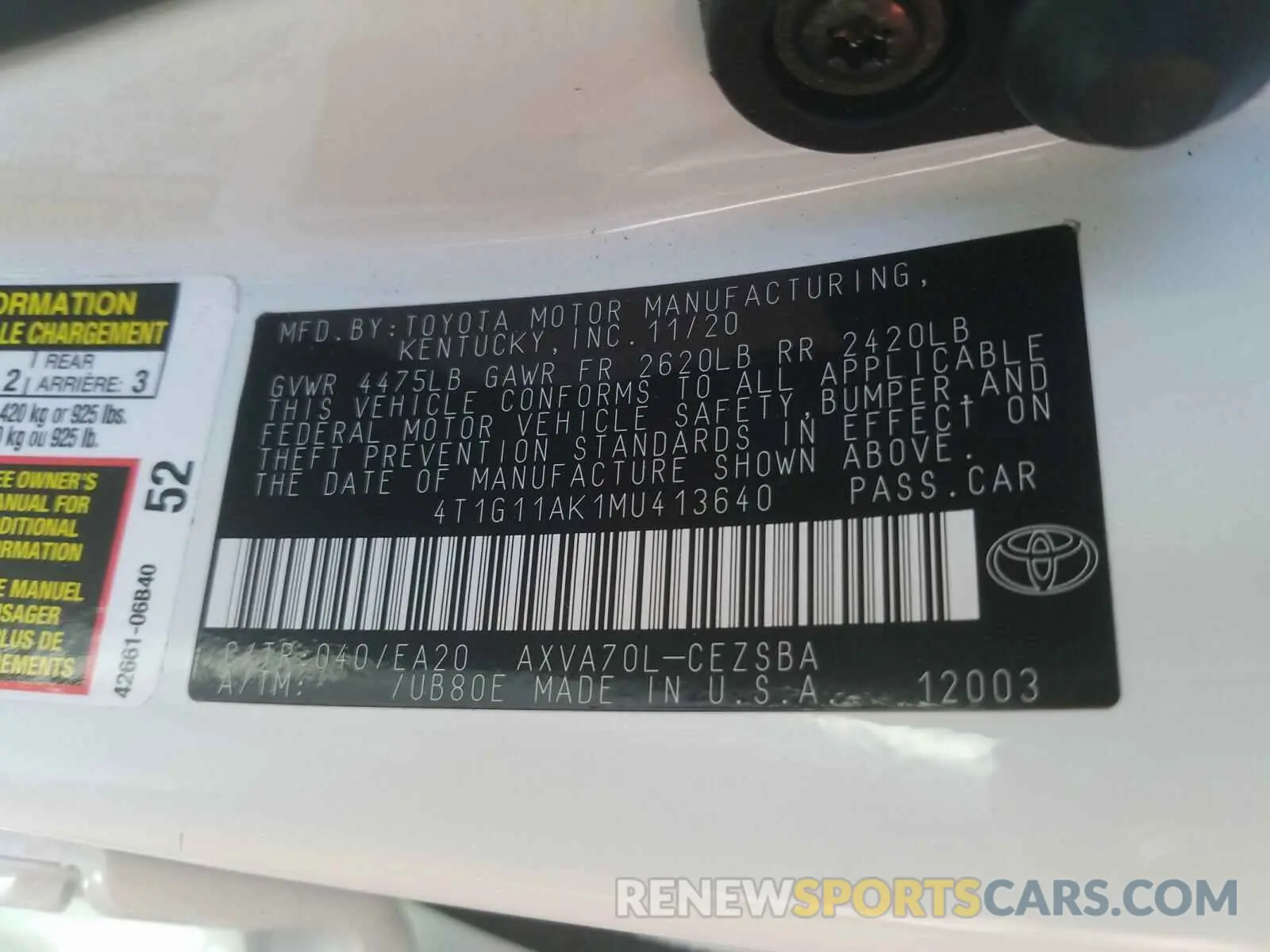10 Photograph of a damaged car 4T1G11AK1MU413640 TOYOTA CAMRY 2021