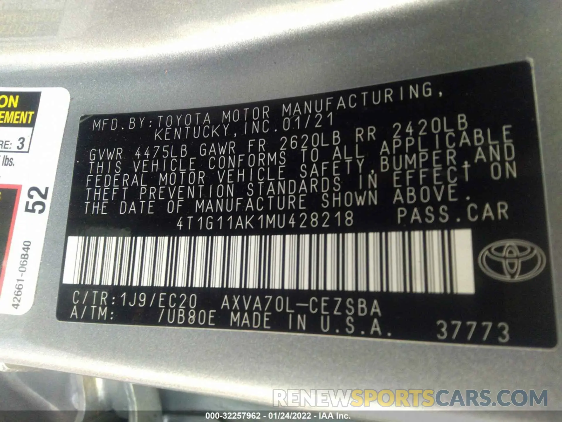 9 Фотография поврежденного автомобиля 4T1G11AK1MU428218 TOYOTA CAMRY 2021