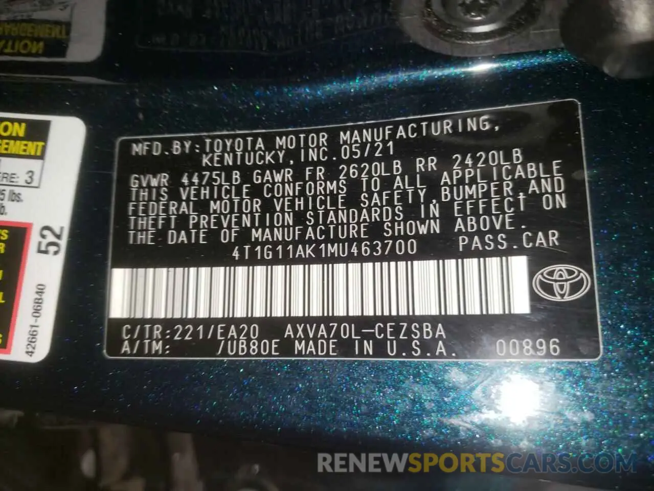 12 Photograph of a damaged car 4T1G11AK1MU463700 TOYOTA CAMRY 2021