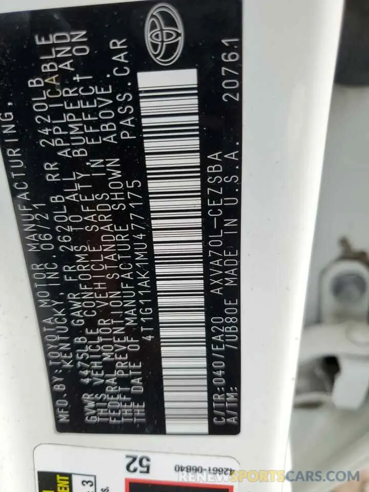 14 Фотография поврежденного автомобиля 4T1G11AK1MU477175 TOYOTA CAMRY 2021