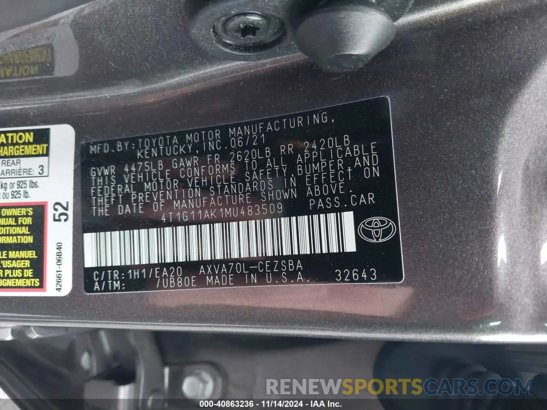9 Photograph of a damaged car 4T1G11AK1MU483509 TOYOTA CAMRY 2021