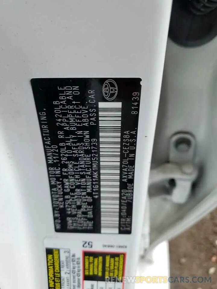 12 Фотография поврежденного автомобиля 4T1G11AK1MU521739 TOYOTA CAMRY 2021