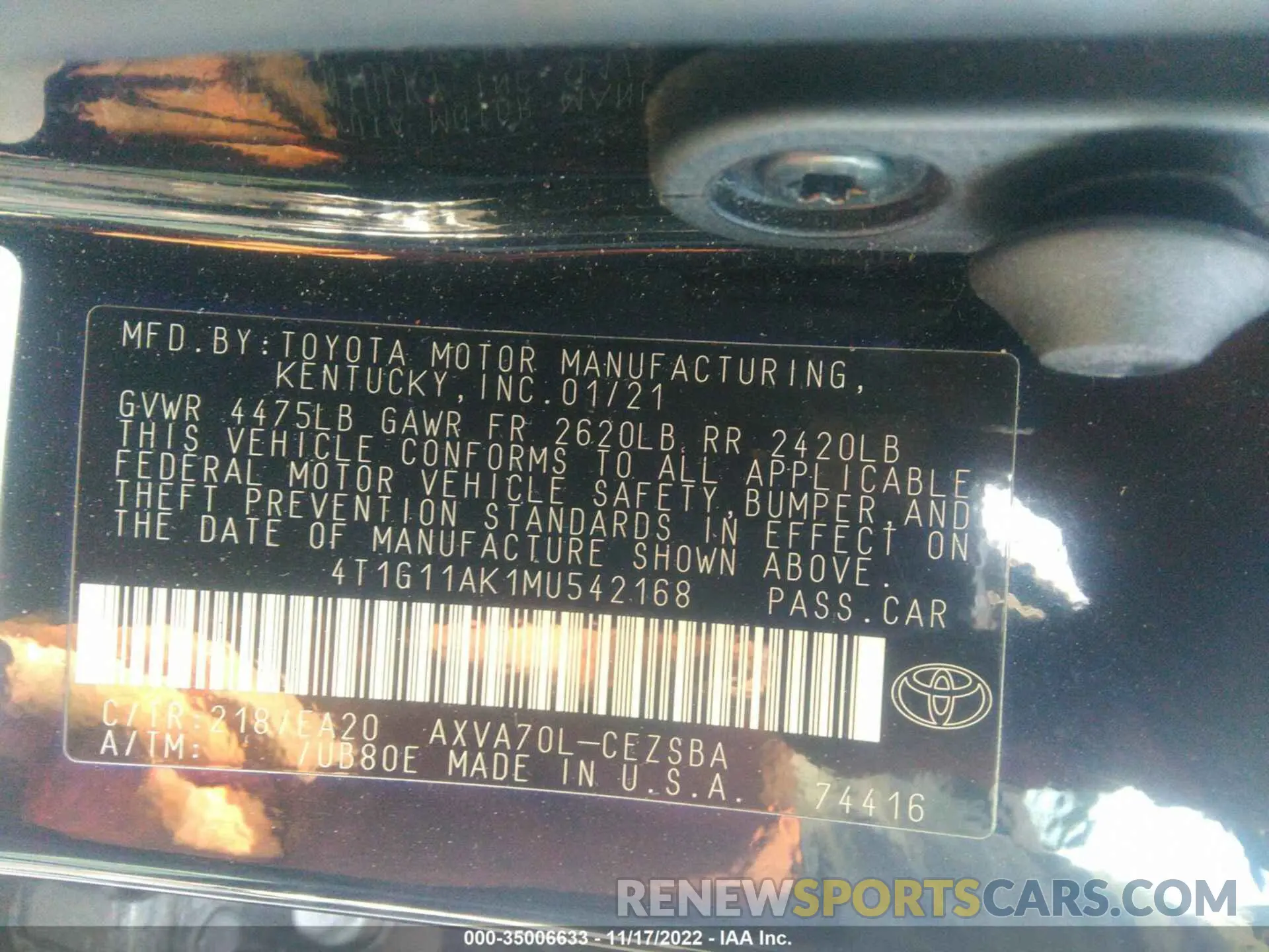 9 Фотография поврежденного автомобиля 4T1G11AK1MU542168 TOYOTA CAMRY 2021