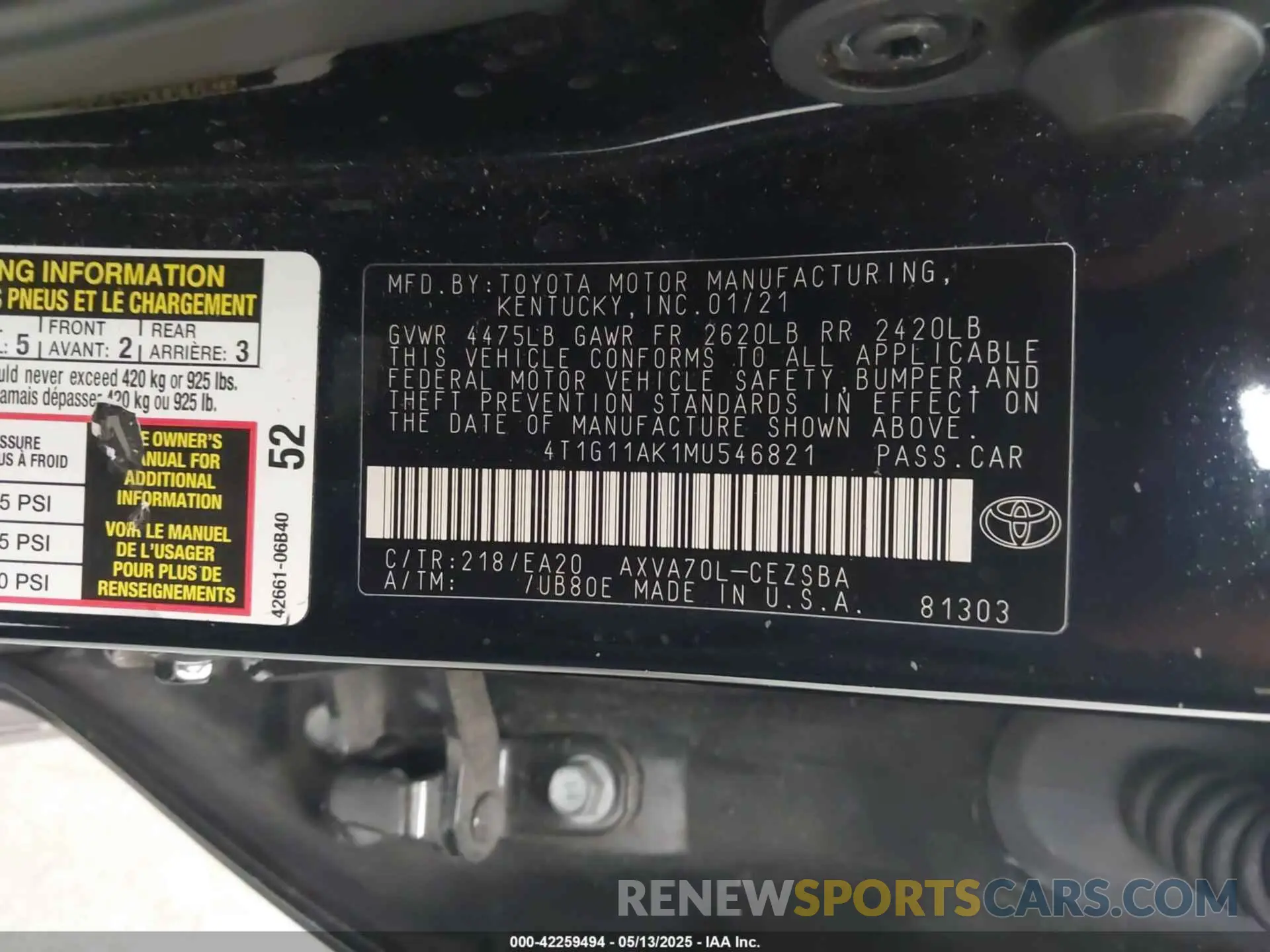 9 Фотография поврежденного автомобиля 4T1G11AK1MU546821 TOYOTA CAMRY 2021