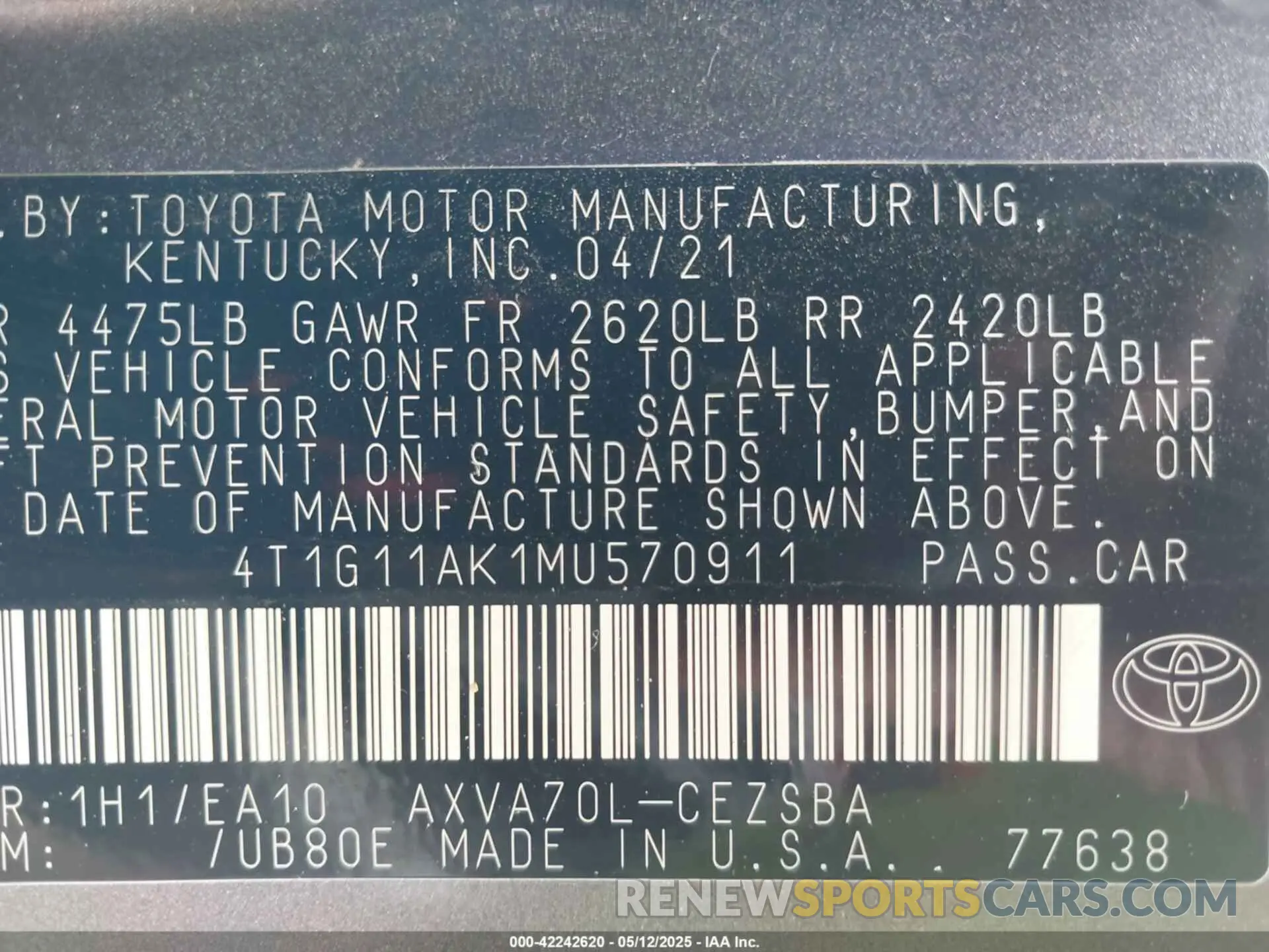 9 Photograph of a damaged car 4T1G11AK1MU570911 TOYOTA CAMRY 2021
