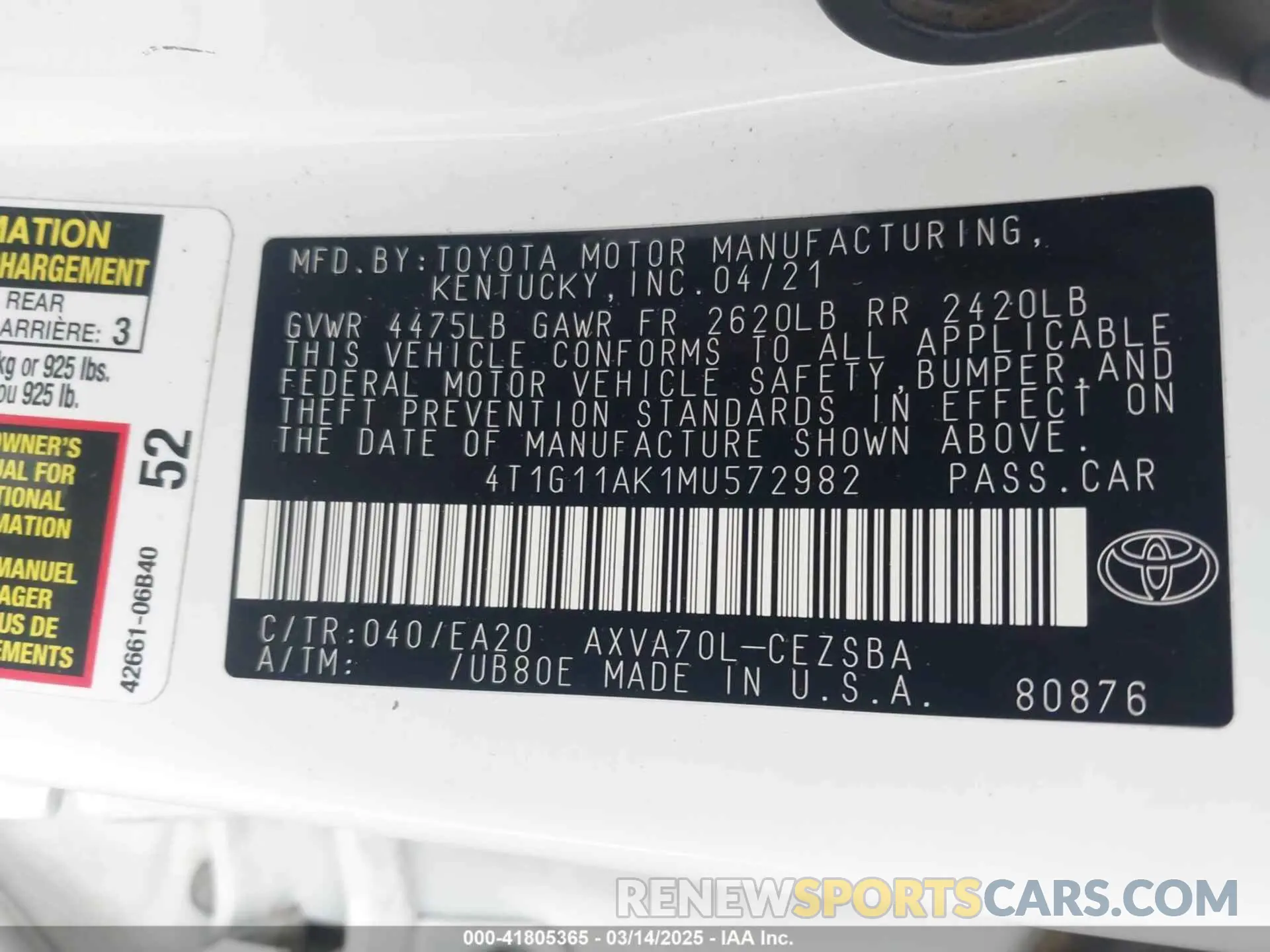 9 Photograph of a damaged car 4T1G11AK1MU572982 TOYOTA CAMRY 2021