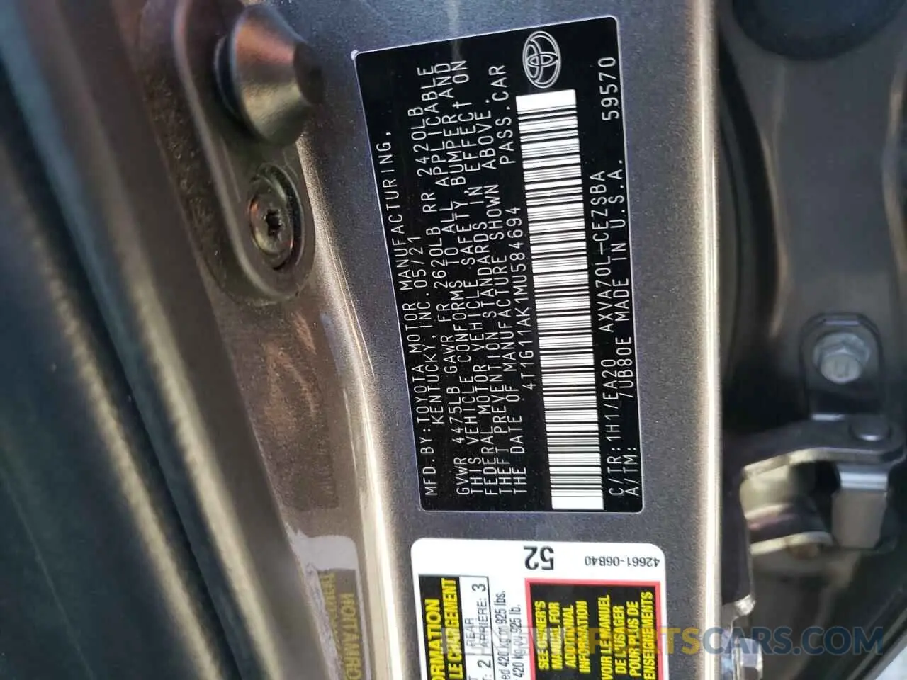13 Фотография поврежденного автомобиля 4T1G11AK1MU584694 TOYOTA CAMRY 2021