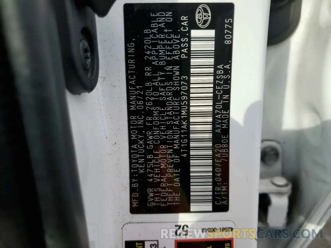 12 Photograph of a damaged car 4T1G11AK1MU597073 TOYOTA CAMRY 2021