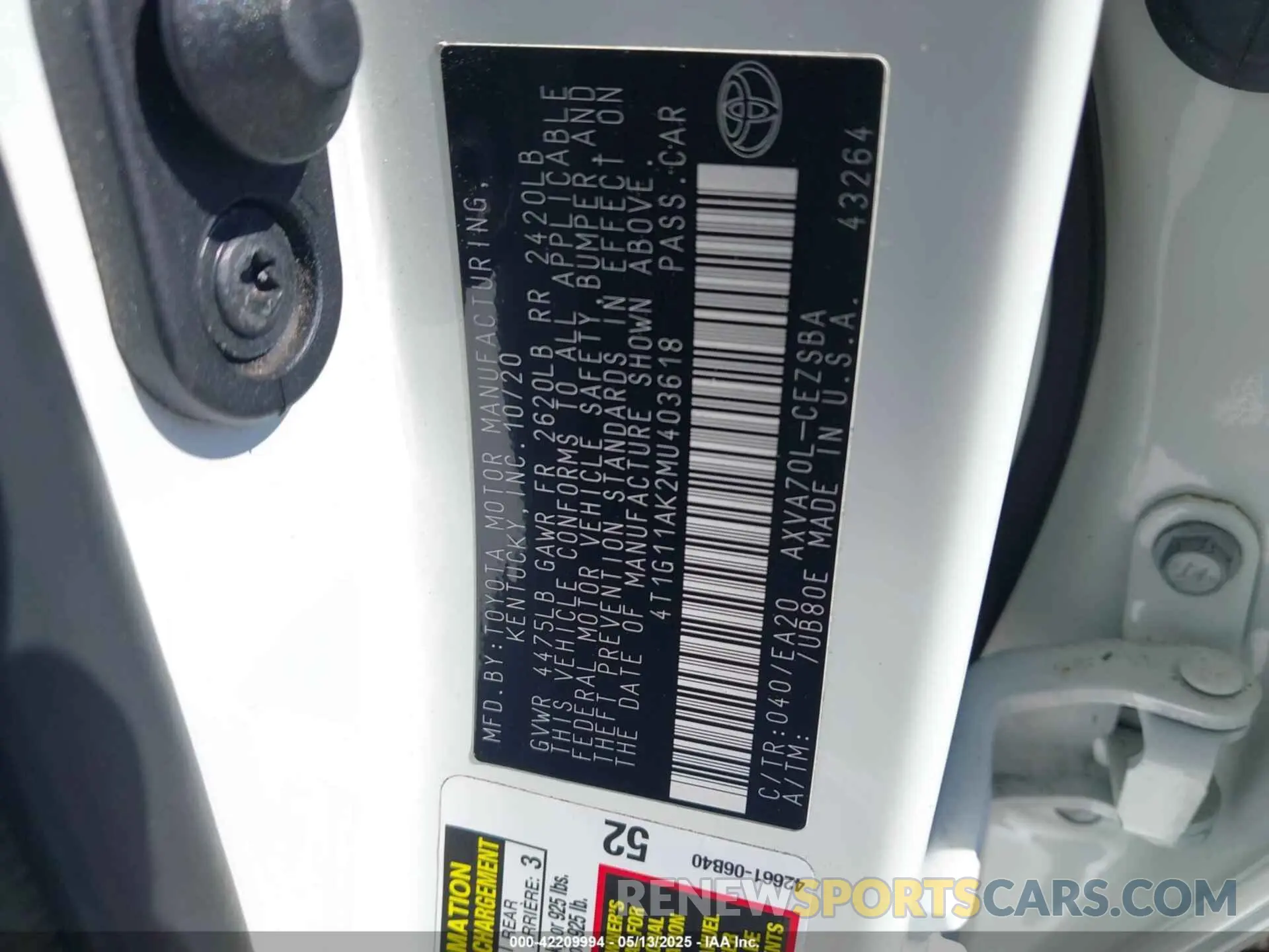 9 Photograph of a damaged car 4T1G11AK2MU403618 TOYOTA CAMRY 2021