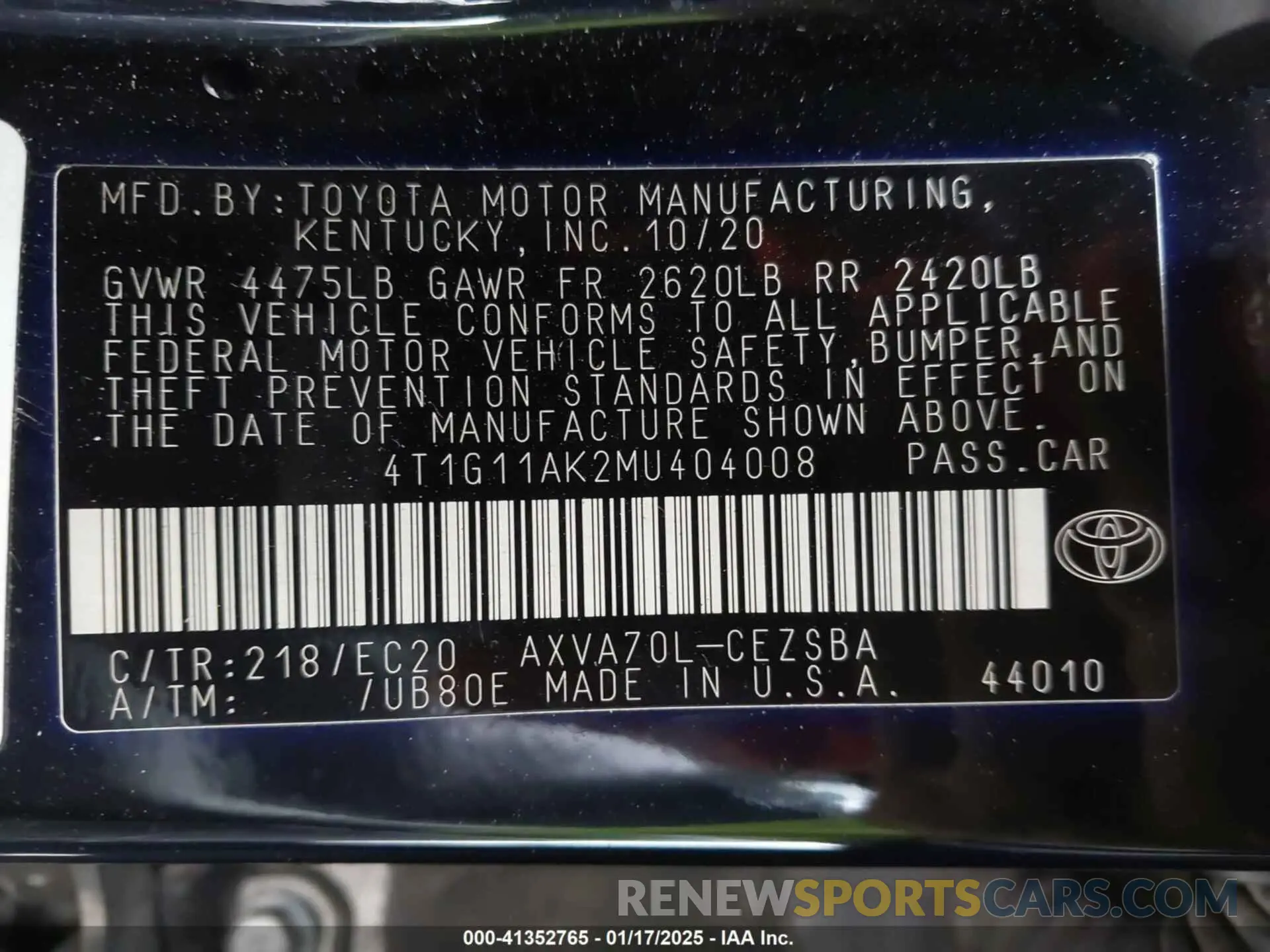 9 Photograph of a damaged car 4T1G11AK2MU404008 TOYOTA CAMRY 2021