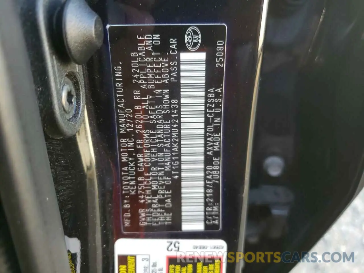 13 Photograph of a damaged car 4T1G11AK2MU421438 TOYOTA CAMRY 2021