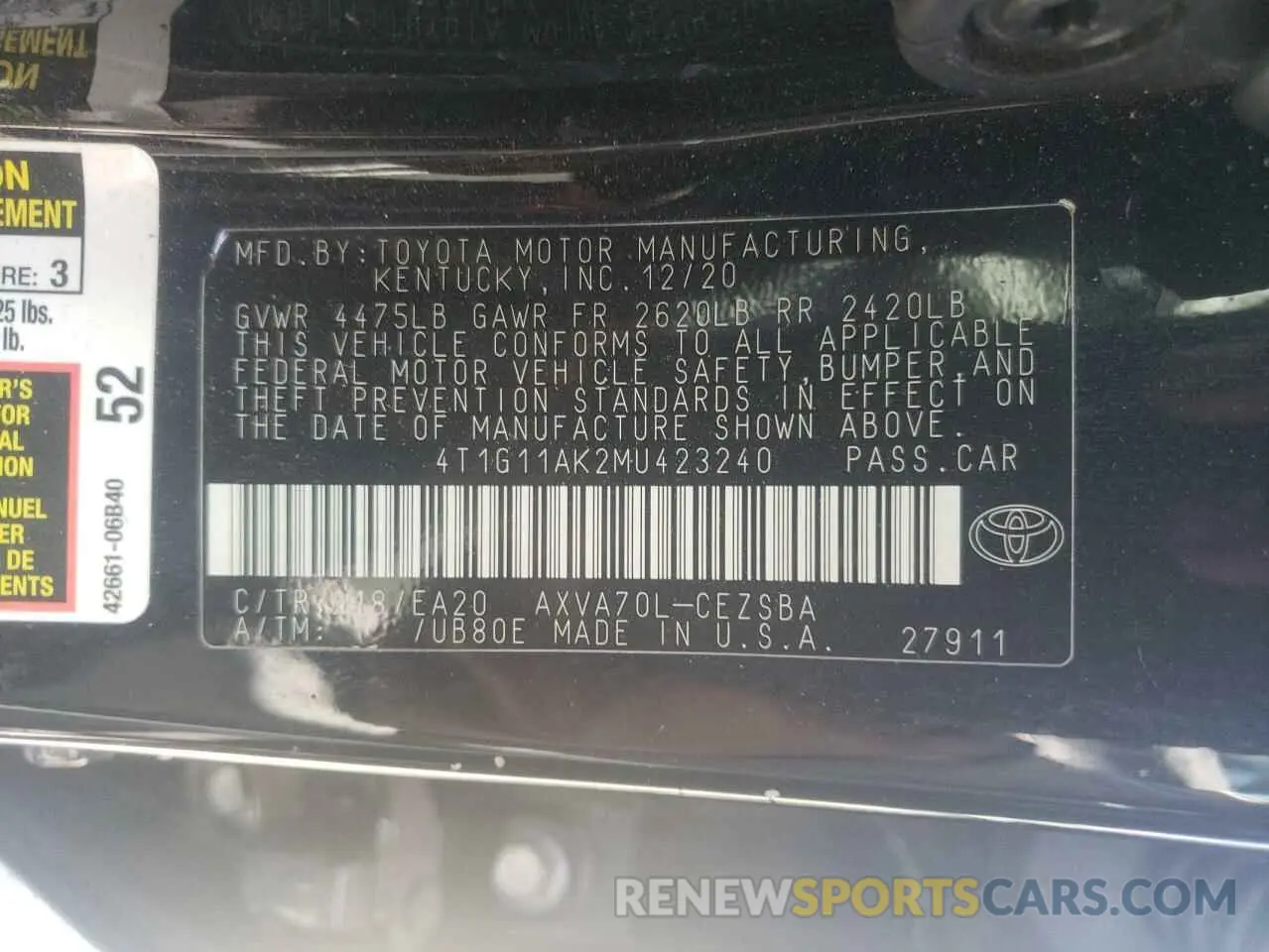 10 Photograph of a damaged car 4T1G11AK2MU423240 TOYOTA CAMRY 2021