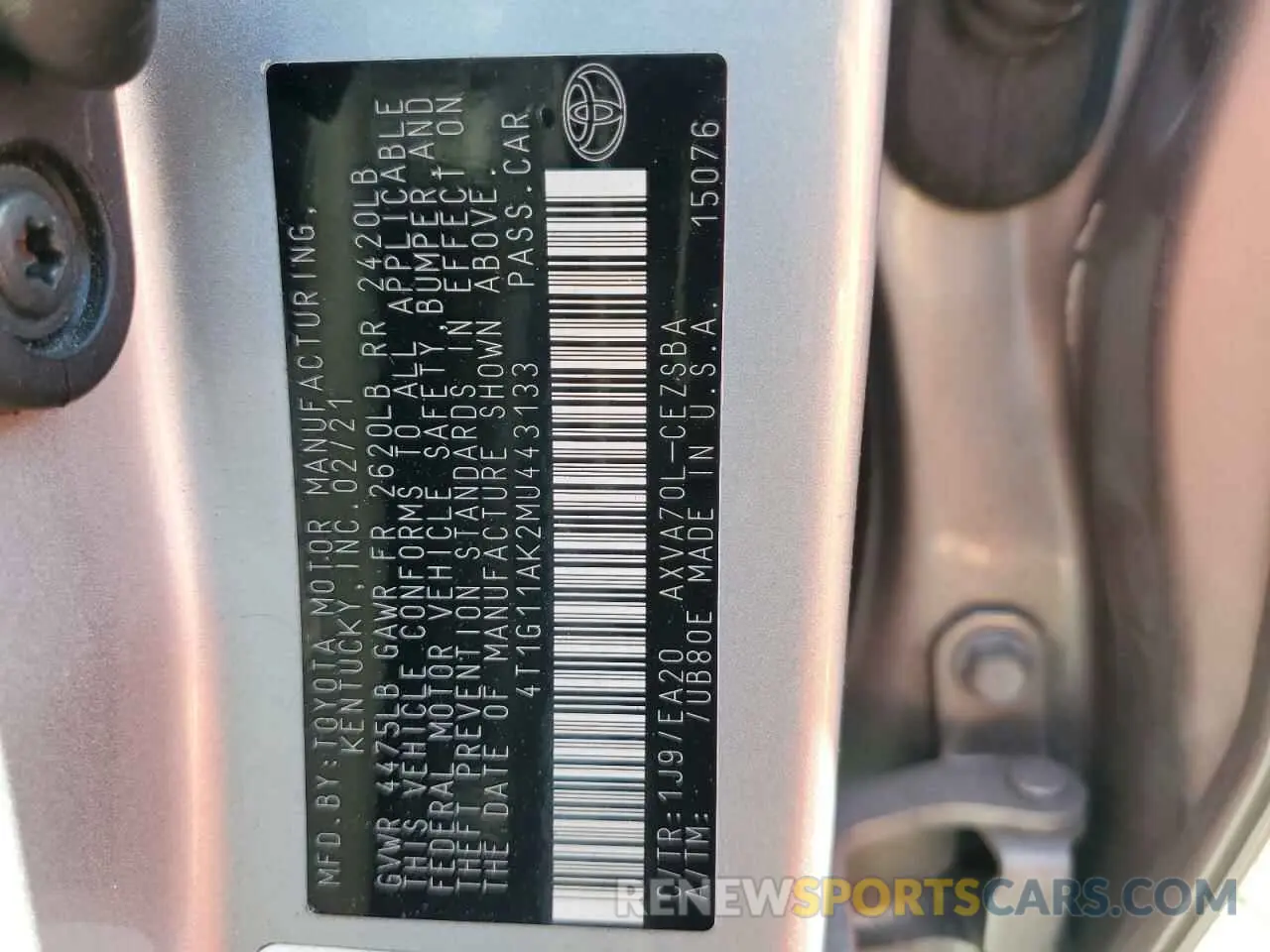 13 Photograph of a damaged car 4T1G11AK2MU443133 TOYOTA CAMRY 2021