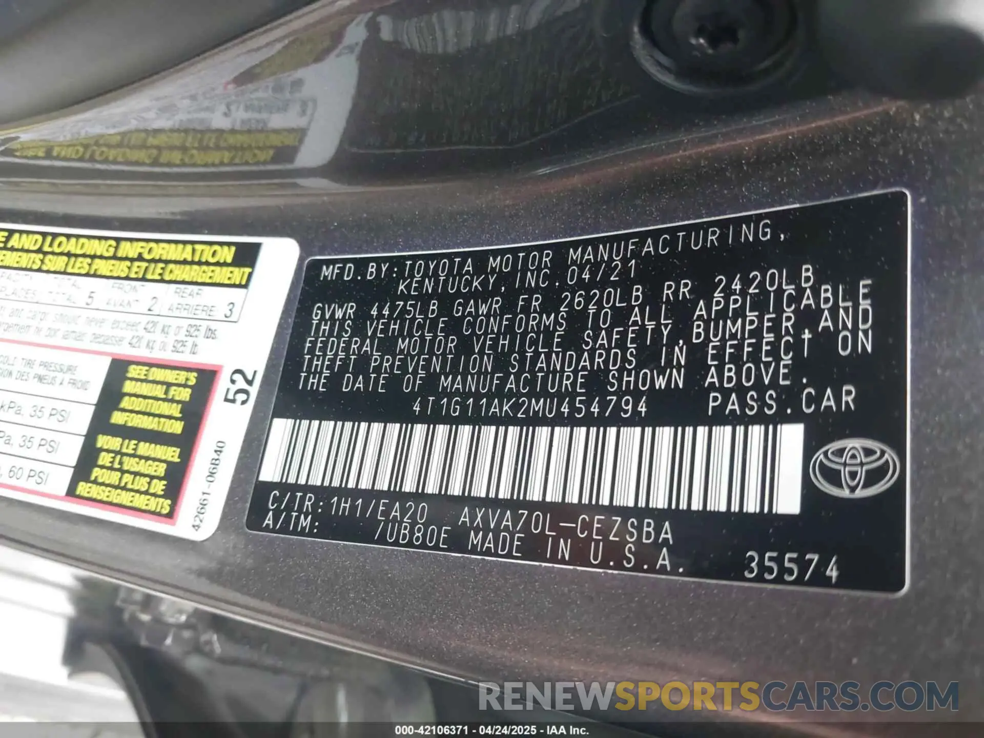 9 Фотография поврежденного автомобиля 4T1G11AK2MU454794 TOYOTA CAMRY 2021