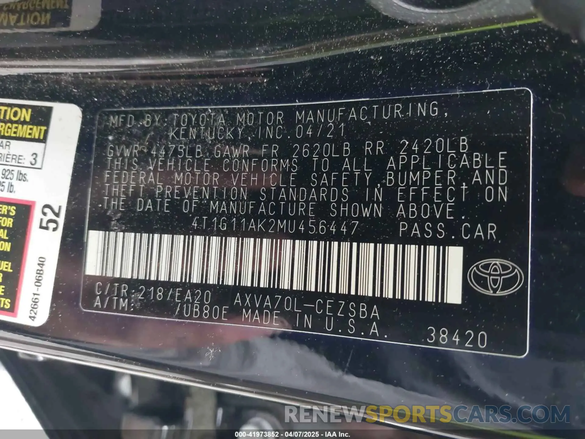 9 Фотография поврежденного автомобиля 4T1G11AK2MU456447 TOYOTA CAMRY 2021