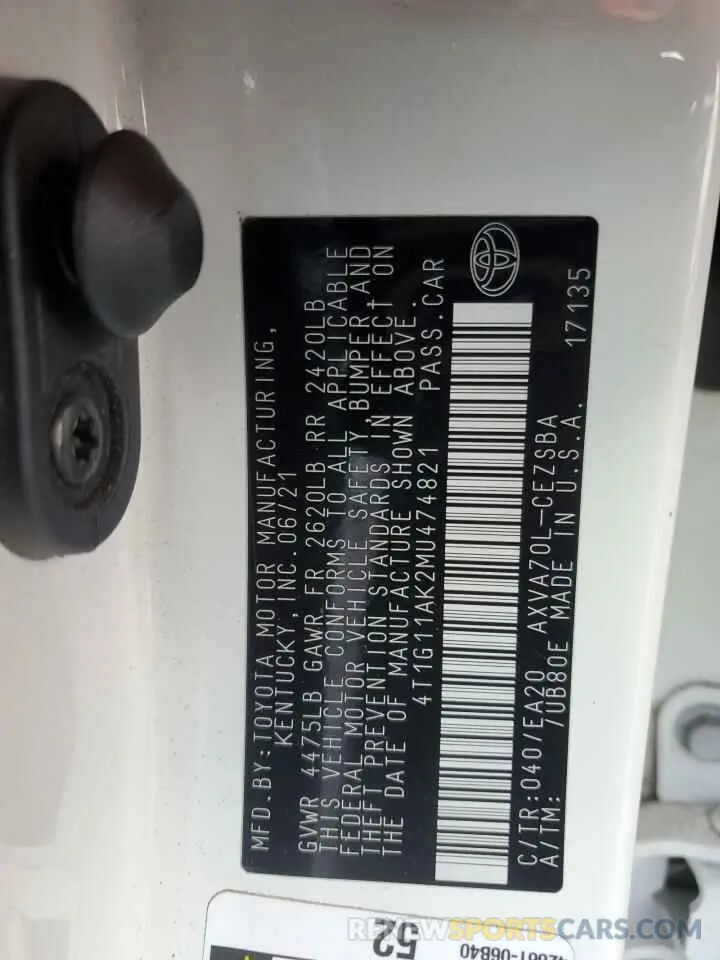 13 Фотография поврежденного автомобиля 4T1G11AK2MU474821 TOYOTA CAMRY 2021