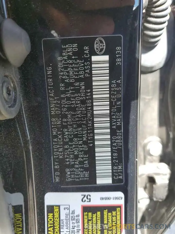 15 Фотография поврежденного автомобиля 4T1G11AK2MU486144 TOYOTA CAMRY 2021