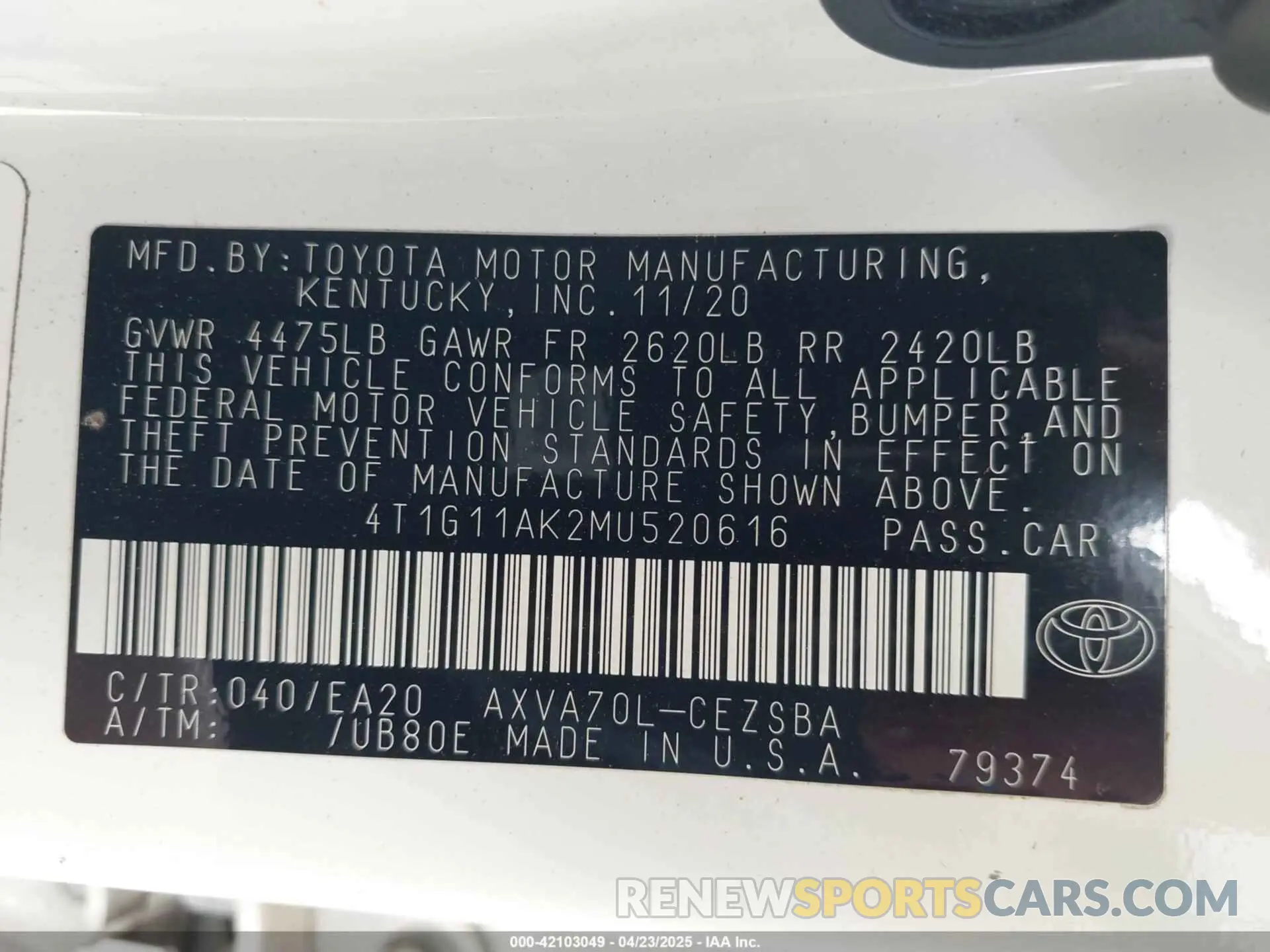 9 Фотография поврежденного автомобиля 4T1G11AK2MU520616 TOYOTA CAMRY 2021
