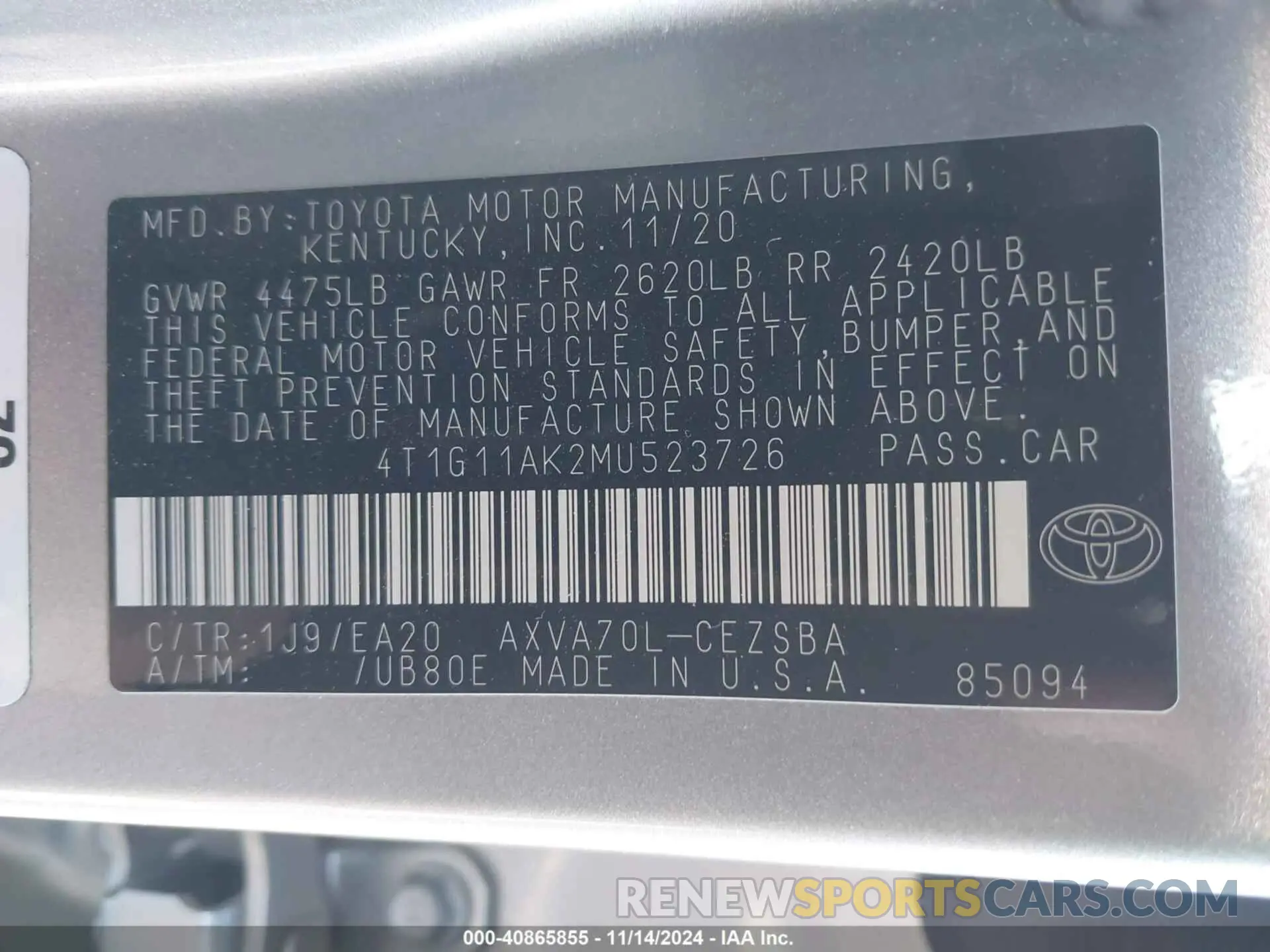 9 Photograph of a damaged car 4T1G11AK2MU523726 TOYOTA CAMRY 2021