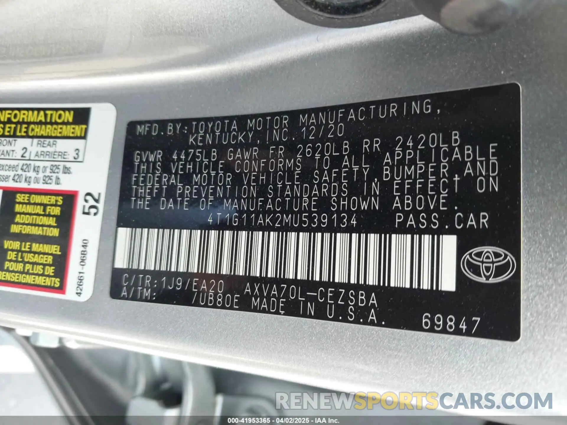 9 Фотография поврежденного автомобиля 4T1G11AK2MU539134 TOYOTA CAMRY 2021