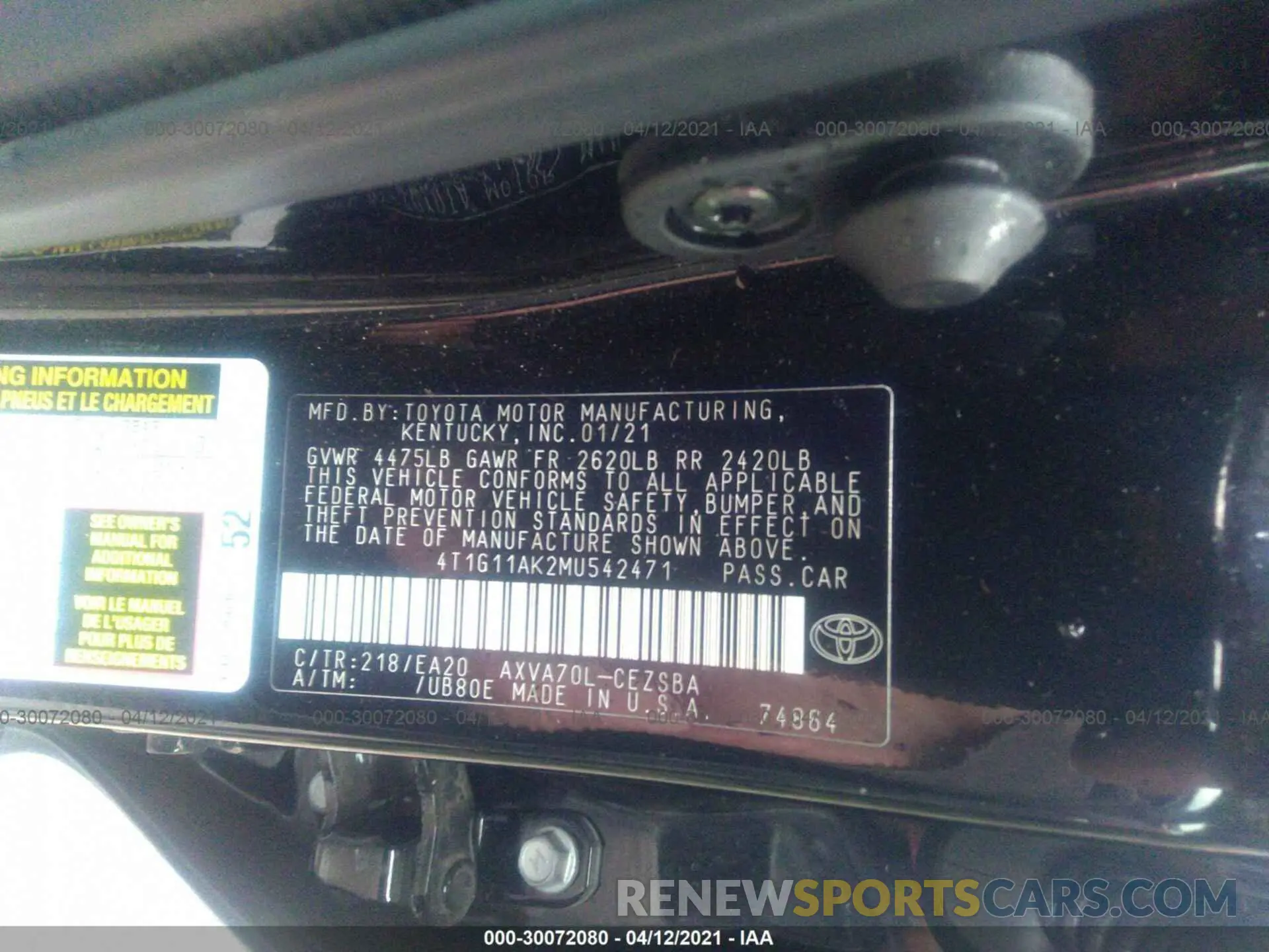 9 Photograph of a damaged car 4T1G11AK2MU542471 TOYOTA CAMRY 2021