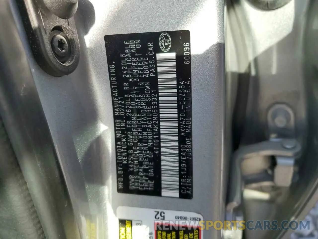 12 Фотография поврежденного автомобиля 4T1G11AK2MU559321 TOYOTA CAMRY 2021