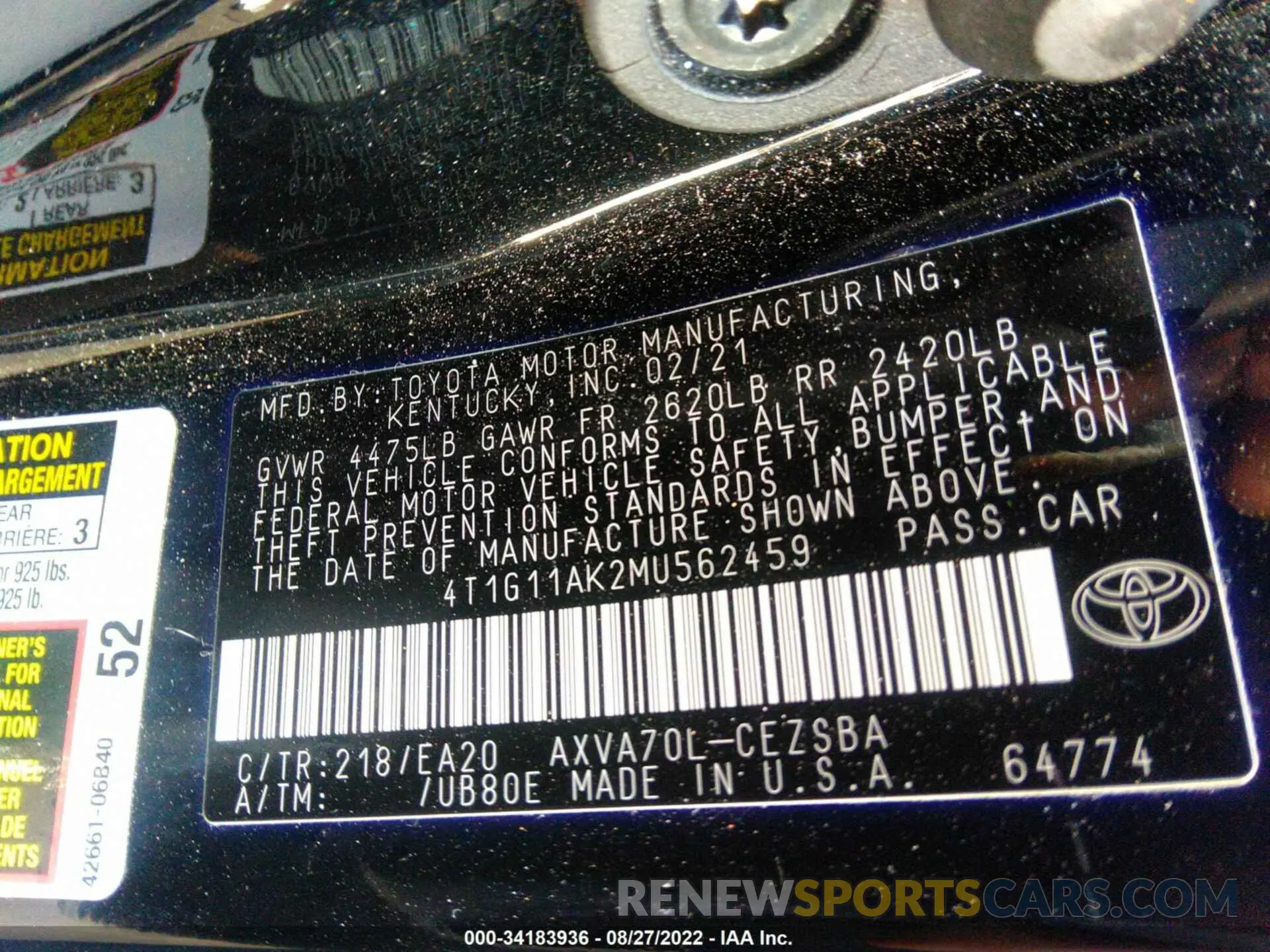 9 Photograph of a damaged car 4T1G11AK2MU562459 TOYOTA CAMRY 2021