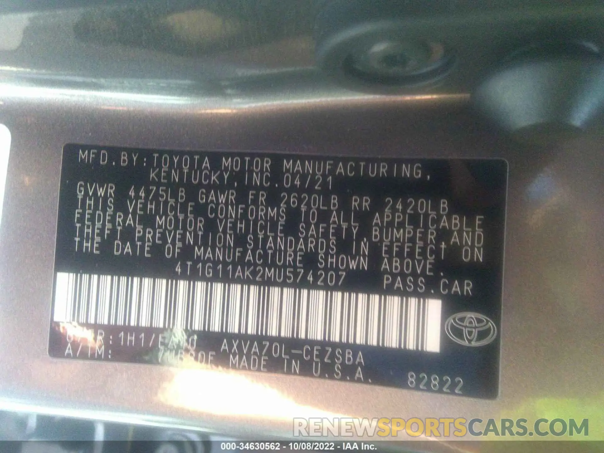 9 Photograph of a damaged car 4T1G11AK2MU574207 TOYOTA CAMRY 2021