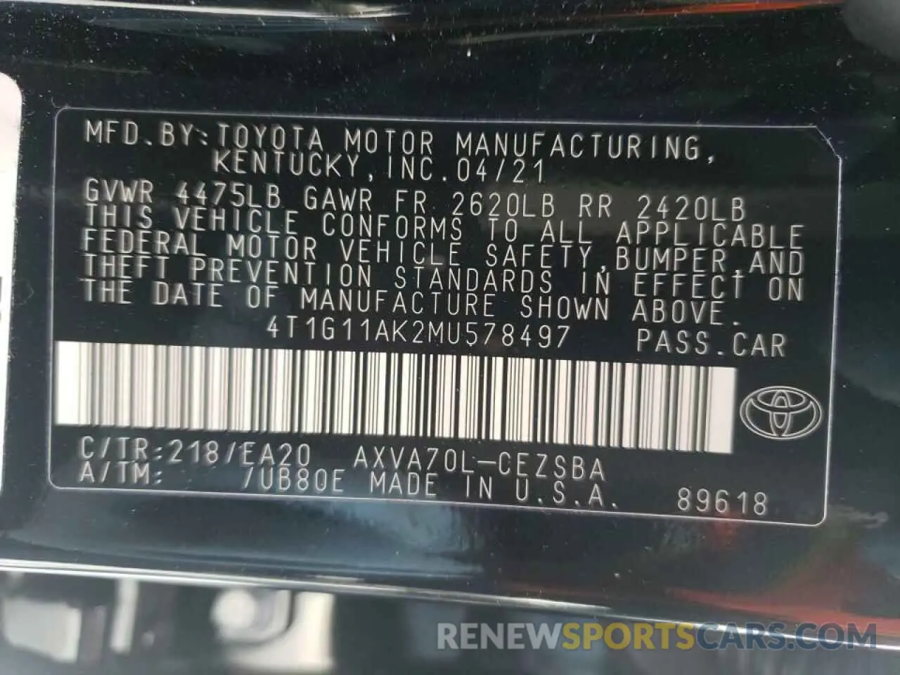 10 Фотография поврежденного автомобиля 4T1G11AK2MU578497 TOYOTA CAMRY 2021