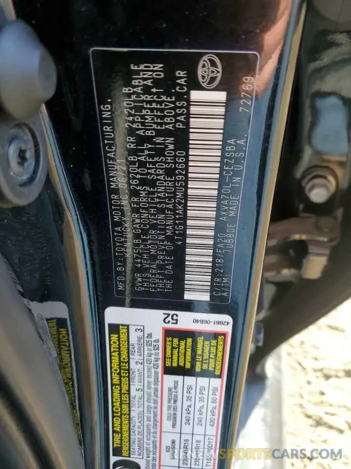 12 Фотография поврежденного автомобиля 4T1G11AK2MU592660 TOYOTA CAMRY 2021