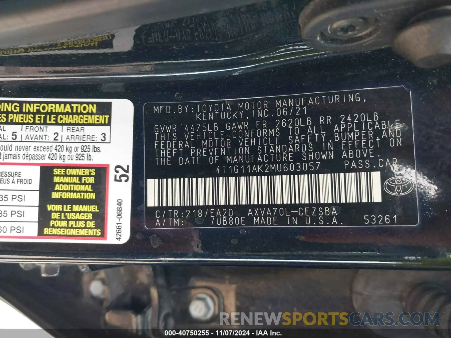 9 Photograph of a damaged car 4T1G11AK2MU603057 TOYOTA CAMRY 2021
