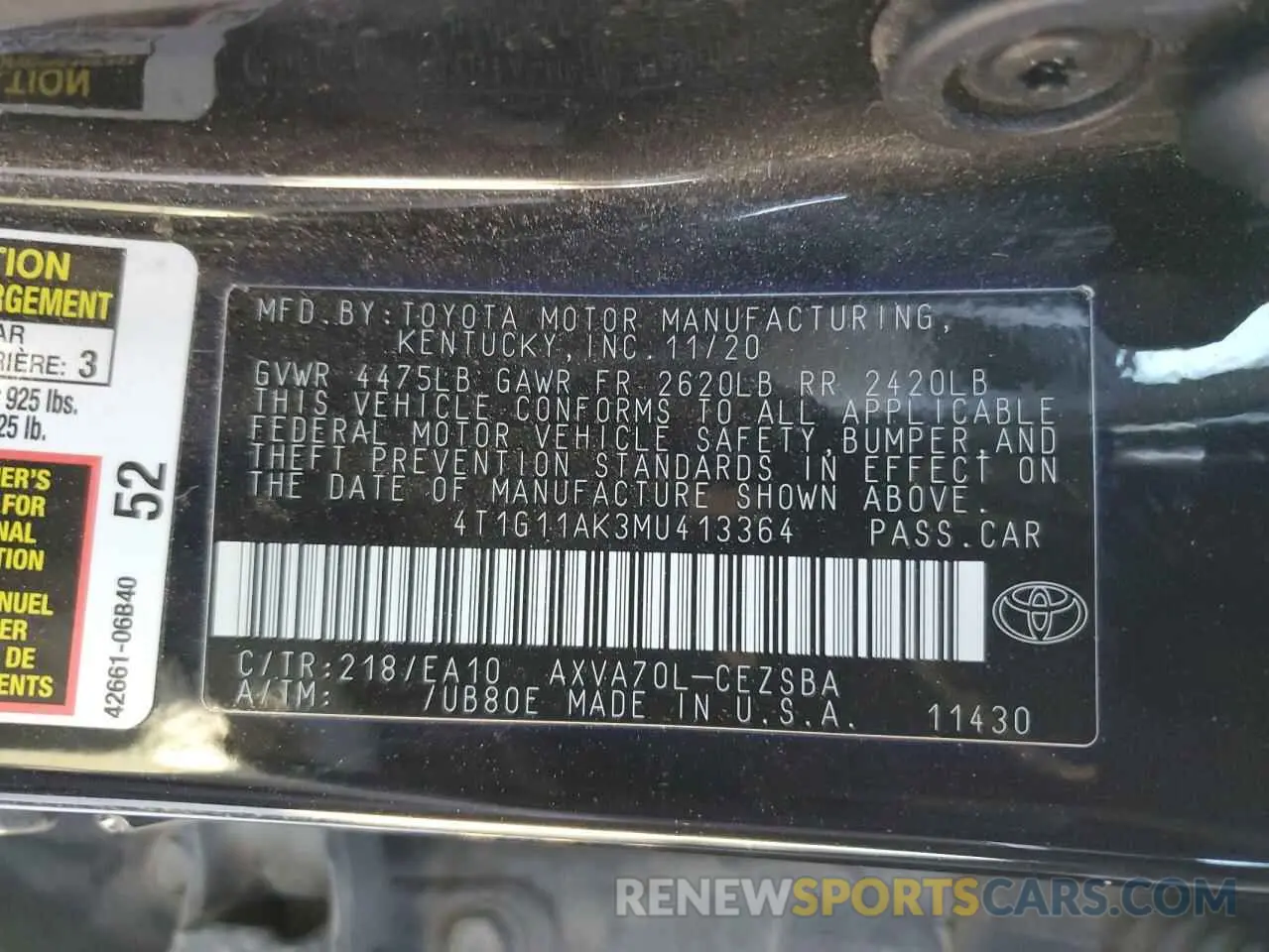 13 Photograph of a damaged car 4T1G11AK3MU413364 TOYOTA CAMRY 2021