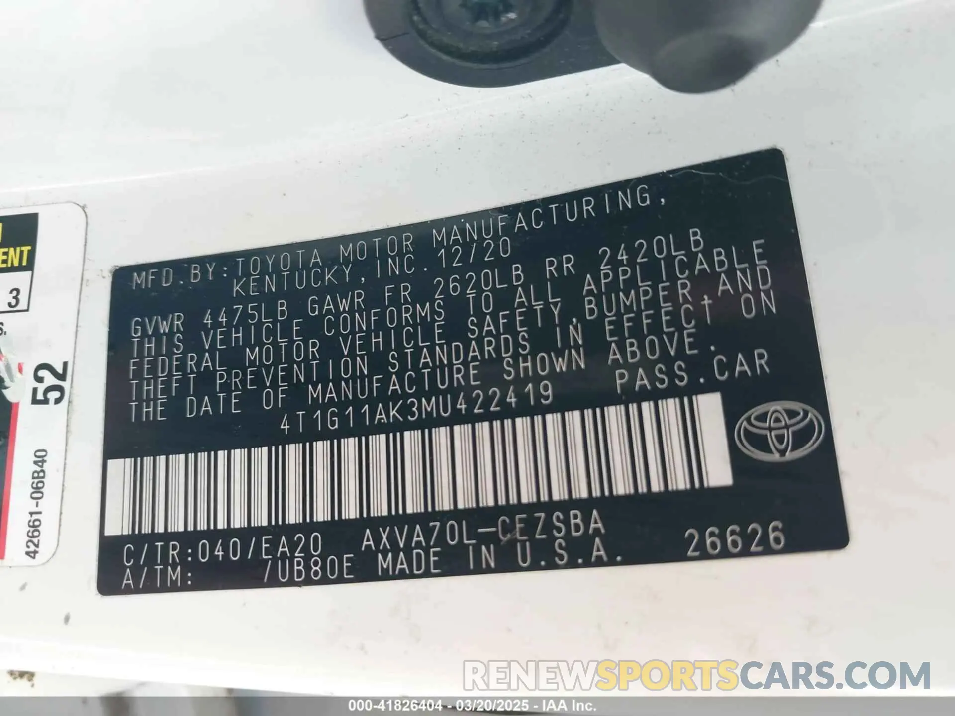 9 Photograph of a damaged car 4T1G11AK3MU422419 TOYOTA CAMRY 2021