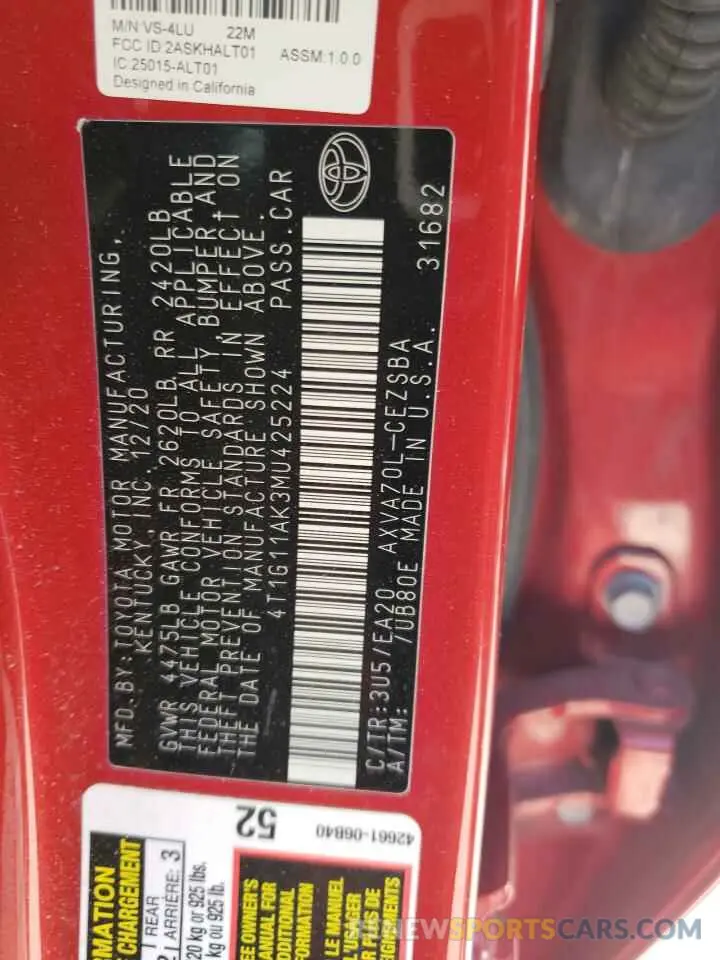12 Фотография поврежденного автомобиля 4T1G11AK3MU425224 TOYOTA CAMRY 2021