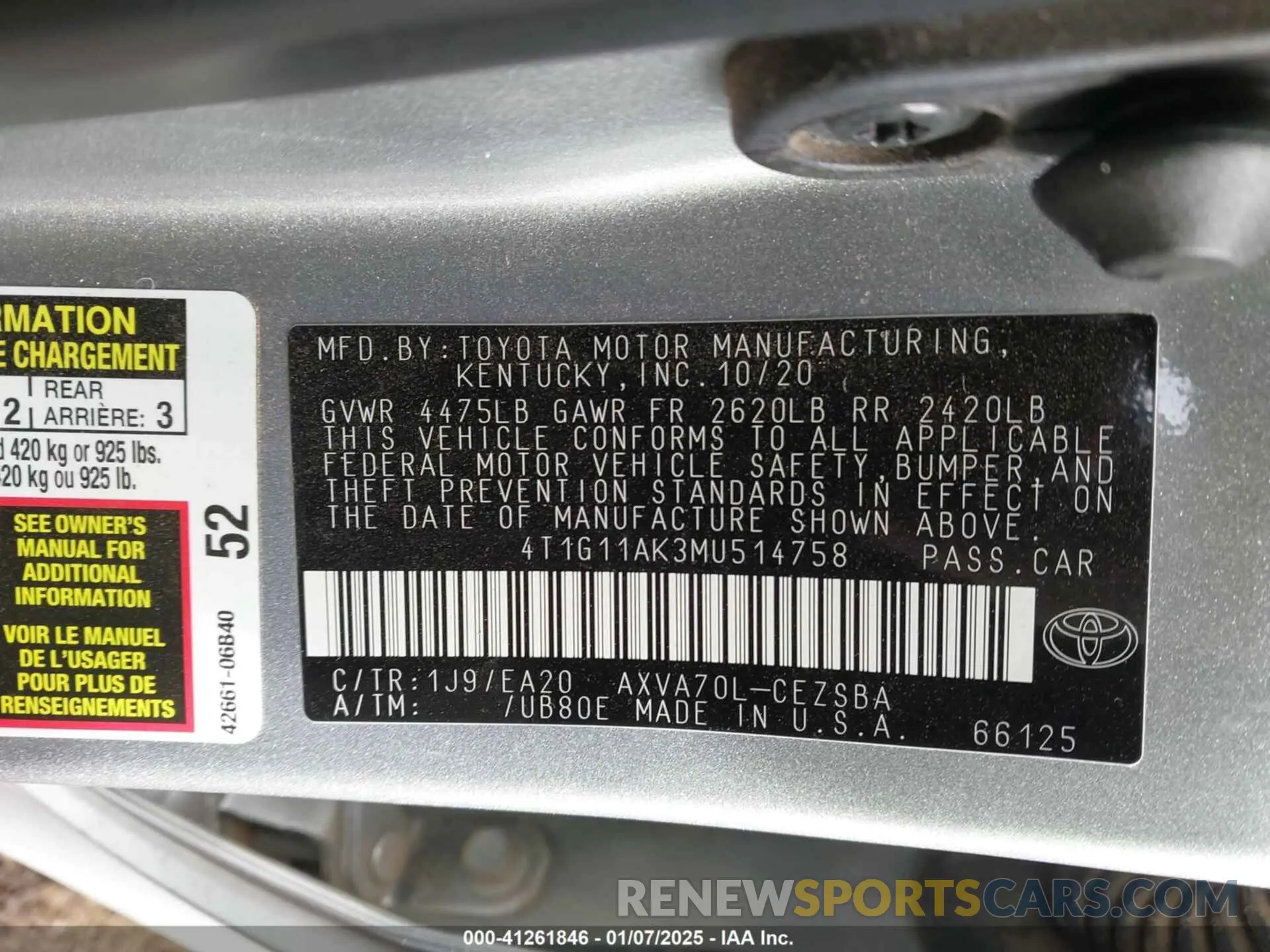9 Фотография поврежденного автомобиля 4T1G11AK3MU514758 TOYOTA CAMRY 2021
