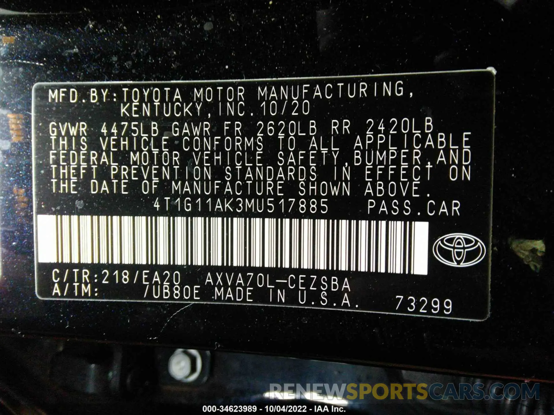 9 Фотография поврежденного автомобиля 4T1G11AK3MU517885 TOYOTA CAMRY 2021