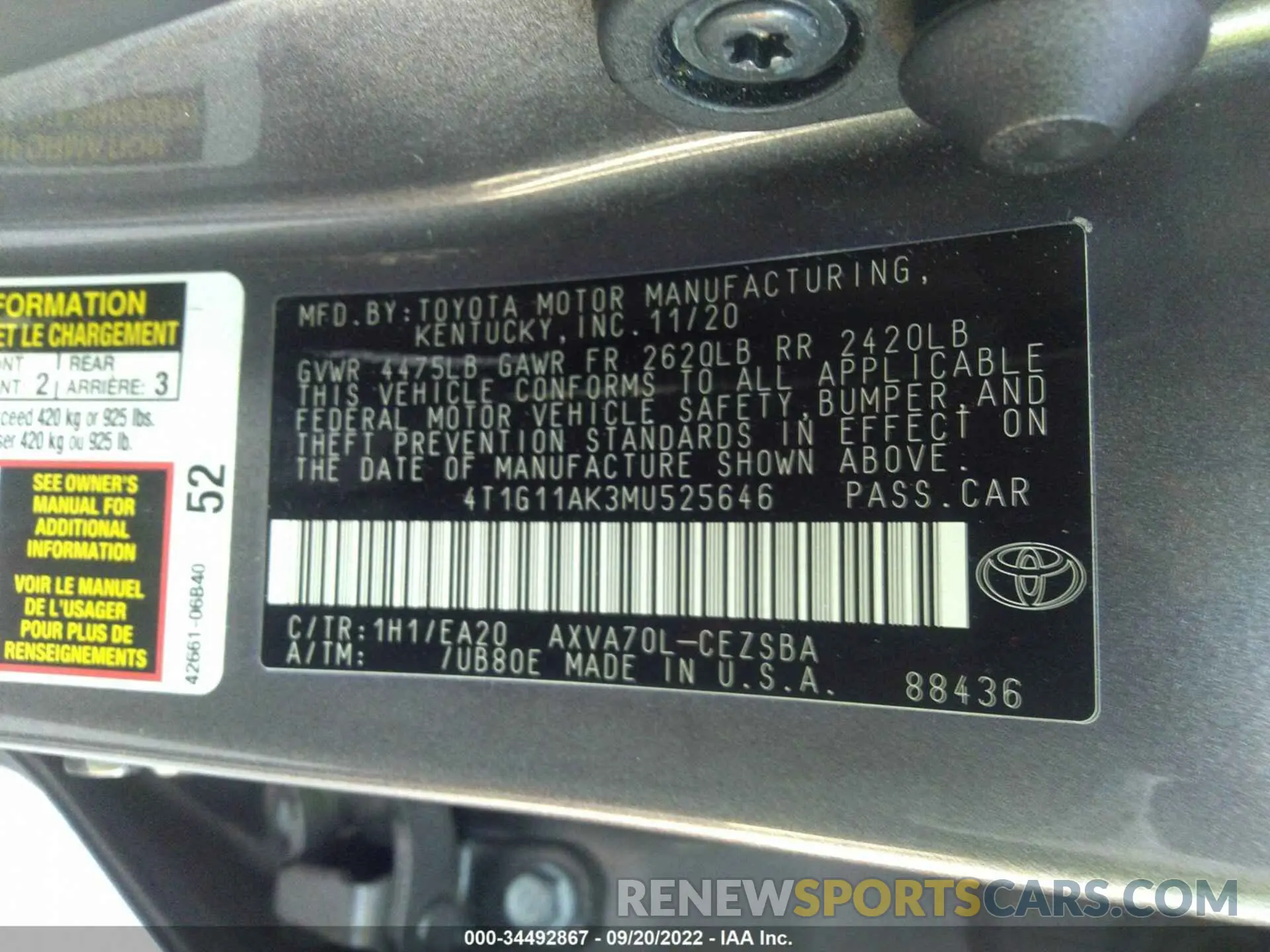 9 Фотография поврежденного автомобиля 4T1G11AK3MU525646 TOYOTA CAMRY 2021