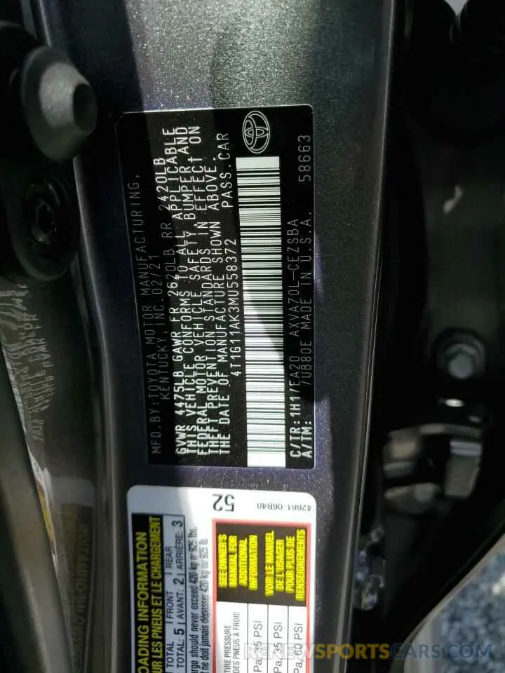 12 Фотография поврежденного автомобиля 4T1G11AK3MU558372 TOYOTA CAMRY 2021