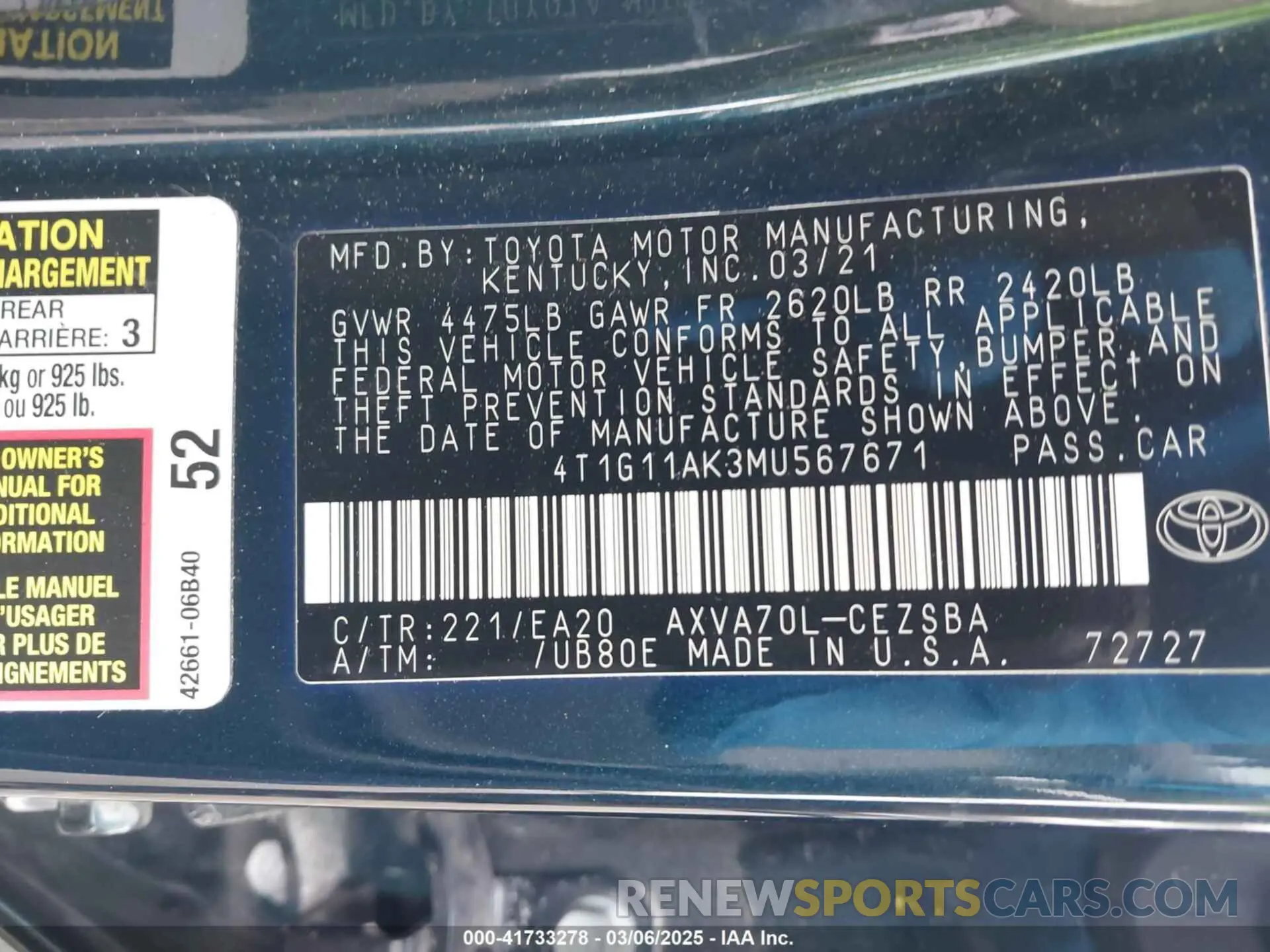 9 Фотография поврежденного автомобиля 4T1G11AK3MU567671 TOYOTA CAMRY 2021