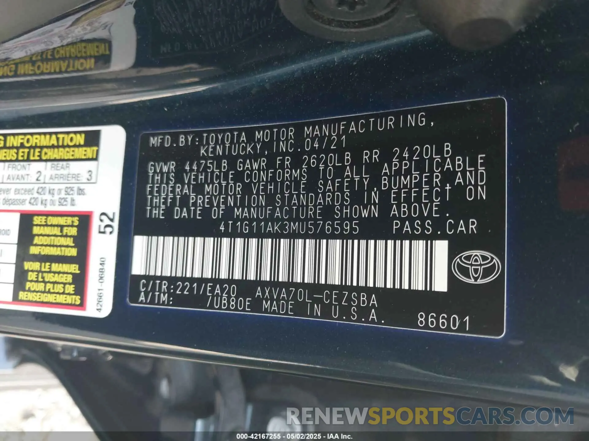 9 Фотография поврежденного автомобиля 4T1G11AK3MU576595 TOYOTA CAMRY 2021