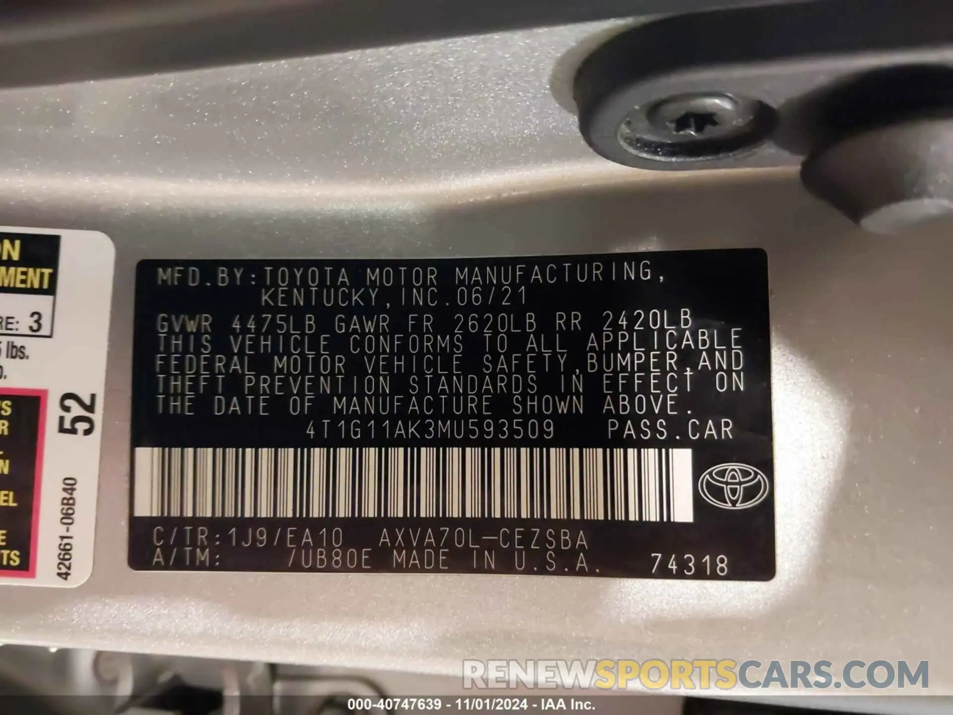 9 Photograph of a damaged car 4T1G11AK3MU593509 TOYOTA CAMRY 2021