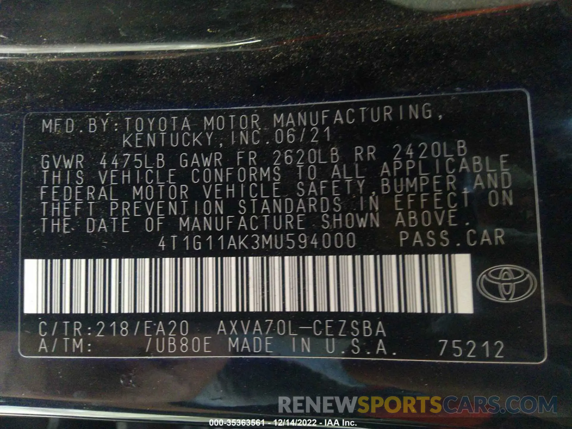 9 Фотография поврежденного автомобиля 4T1G11AK3MU594000 TOYOTA CAMRY 2021
