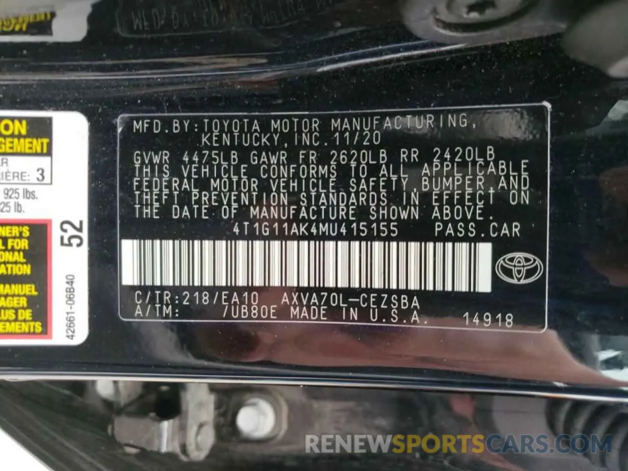 10 Фотография поврежденного автомобиля 4T1G11AK4MU415155 TOYOTA CAMRY 2021