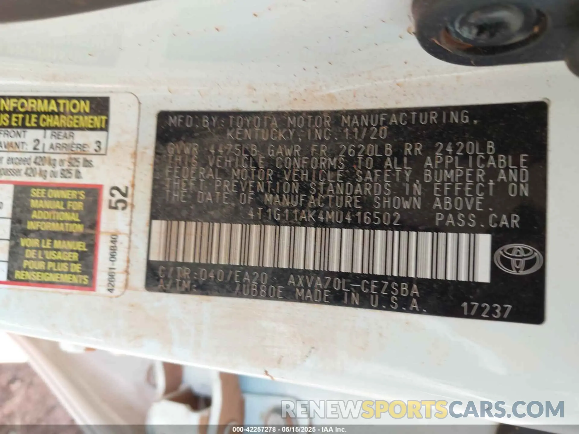 9 Фотография поврежденного автомобиля 4T1G11AK4MU416502 TOYOTA CAMRY 2021